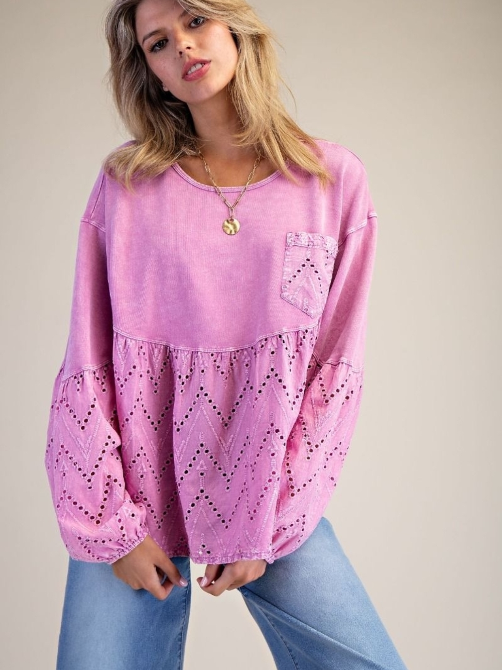 EASEL Pink Eyelet Peplum Long-Sleeve Top (New In Bag)
